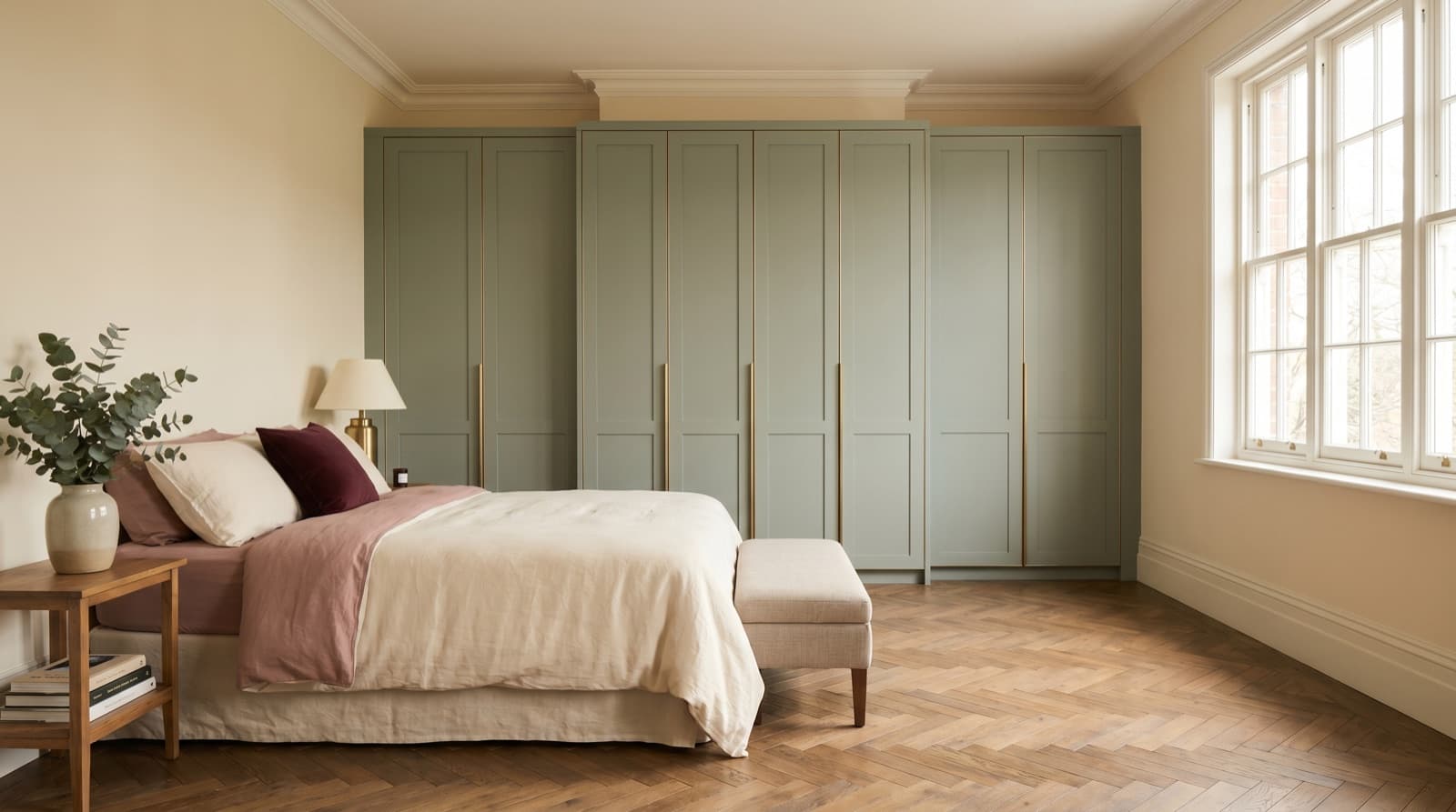 Bespoke fitted sage-green Shaker wardrobes in a made-to-measure bedroom by Cunningham & Co